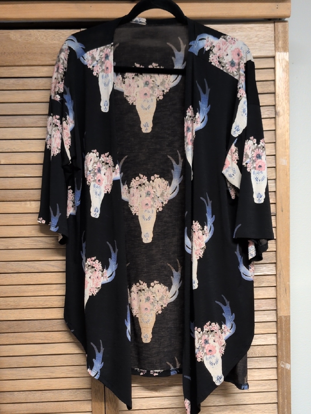 Black Floral Steer Skull Kimono Cardigan